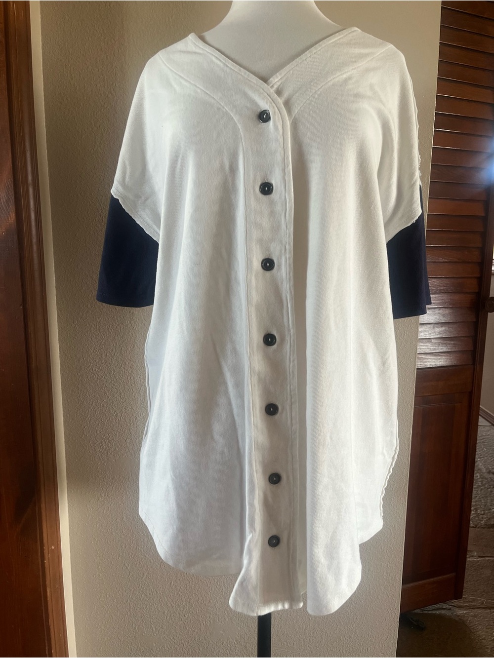 We The Free White Shirt with Navy Sleeve Accents